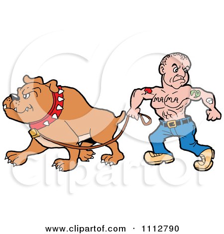 Clipart Small Tattooed Guy Walking His Bulldog - Royalty Free Vector Illustration by LaffToon