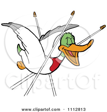 Clipart Oblivious Duck Flying Happily And Being Shot At - Royalty Free Vector Illustration by LaffToon