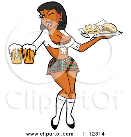 Clipart Sexy Black Breastaurant Waitress Holding Beer And Fries - Royalty Free Vector Illustration by LaffToon