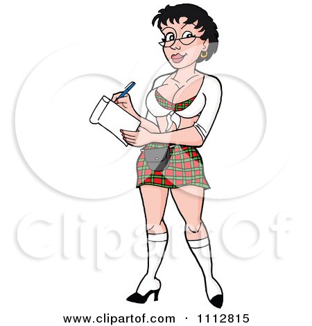 Clipart Sexy Black Haired Breastaurant Waitress In Glasses And A Plaid Skirt Taking An Orde - Royalty Free Vector Illustration by LaffToon