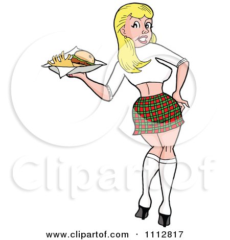 Clipart Sexy Blond Breastaurant Waitress In A Plaid Skirt Looking Back And Carrying Fries - Royalty Free Vector Illustration by LaffToon
