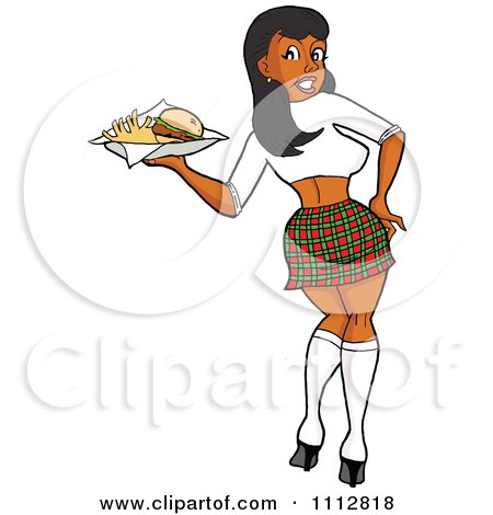 Clipart Sexy Black Breastaurant Waitress In A Plaid Skirt Looking Back And Carrying Fries - Royalty Free Vector Illustration by LaffToon
