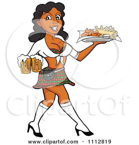 Clipart Sexy Black Breastaurant Waitress Carrying Beer And Fries - Royalty Free Vector Illustration by LaffToon
