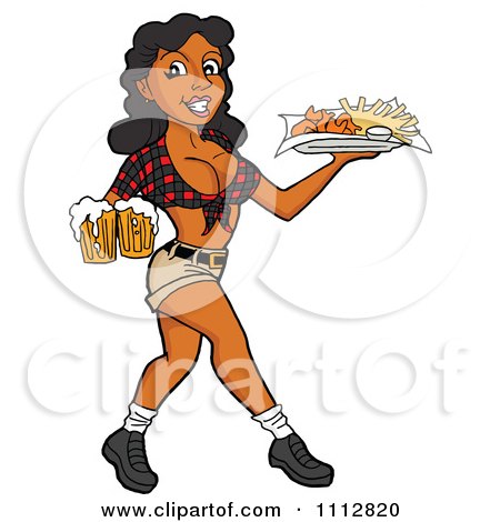 Clipart Sexy Black Breastaurant Waitress Serving Beer And Fries - Royalty Free Vector Illustration by LaffToon
