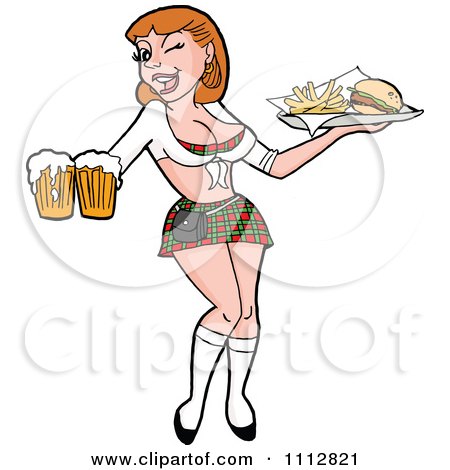 Clipart Sexy Caucasian Breastaurant Waitress Holding Beer And Fries - Royalty Free Vector Illustration by LaffToon