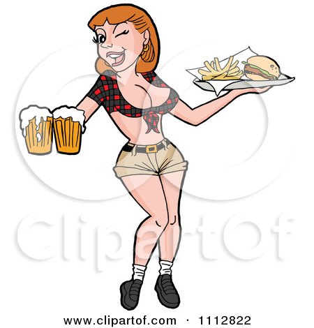 Clipart Sexy Caucasian Breastaurant Waitress Winking And Holding Beer And Fries - Royalty Free Vector Illustration by LaffToon