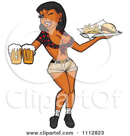 Clipart Sexy Black Breastaurant Waitress Winking And Holding Beer And Fries - Royalty Free Vector Illustration by LaffToon