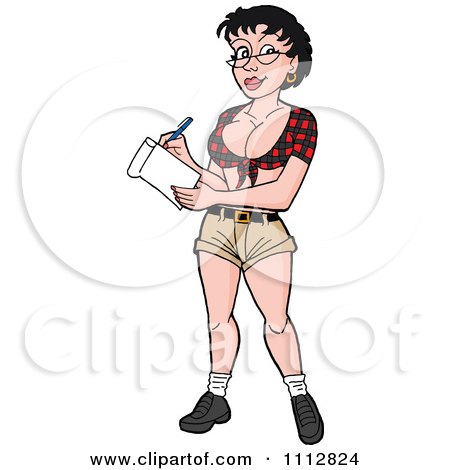 Clipart Sexy Black Haired Breastaurant Waitress In Glasses And A Plaid Top Taking An Orde - Royalty Free Vector Illustration by LaffToon