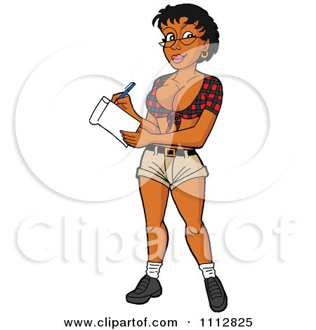 Clipart Sexy Black Breastaurant Waitress In Glasses And A Plaid Top Taking An Orde - Royalty Free Vector Illustration by LaffToon