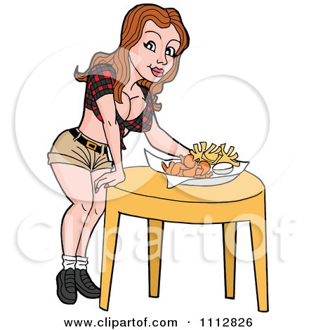 Clipart Sexy Caucasian Breastaurant Waitress Setting Beer And Fries On A Table - Royalty Free Vector Illustration by LaffToon