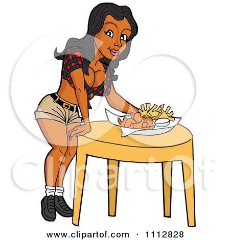 Clipart Sexy Black Breastaurant Waitress Setting Beer And Fries On A Table - Royalty Free Vector Illustration by LaffToon