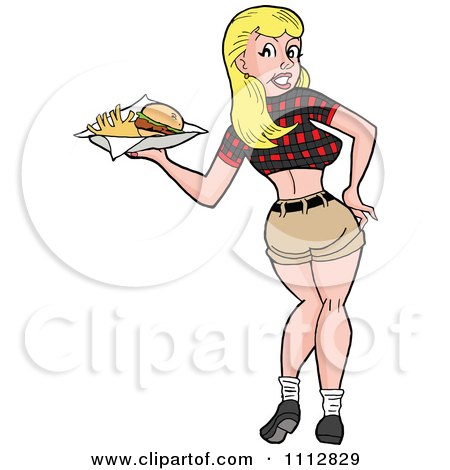 Clipart Sexy Blond Breastaurant Waitress In A Plaid Top Looking Back And Carrying Fries - Royalty Free Vector Illustration by LaffToon