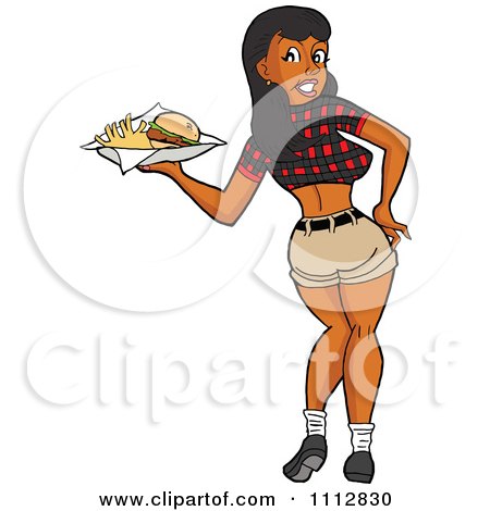 Clipart Sexy Black Breastaurant Waitress In A Plaid Top Looking Back And Carrying Fries - Royalty Free Vector Illustration by LaffToon