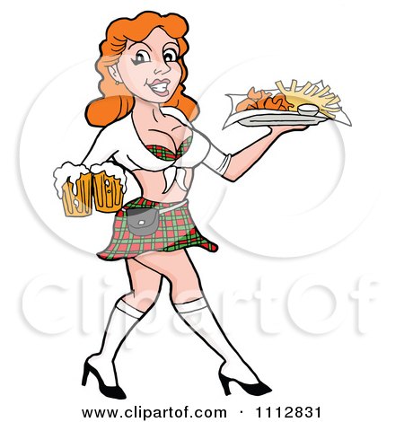 Clipart Sexy Red Haired Breastaurant Waitress Carrying Beer And Fries - Royalty Free Vector Illustration by LaffToon
