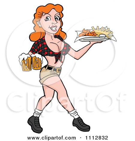 Clipart Sexy Red Haired Breastaurant Waitress Serving Beer And Fries - Royalty Free Vector Illustration by LaffToon