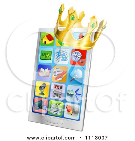 Clipart 3d Crown On A Smart Phone With App Icons On The Screen - Royalty Free Vector Illustration by AtStockIllustration