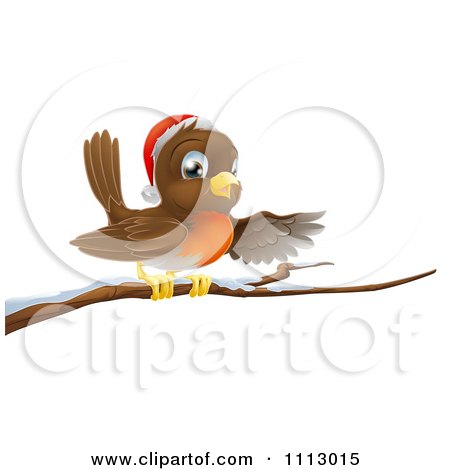 Clipart Happy Christmas Robin Wearing A Santa Hat And Perched On A Snowy Branch - Royalty Free Vector Illustration by AtStockIllustration
