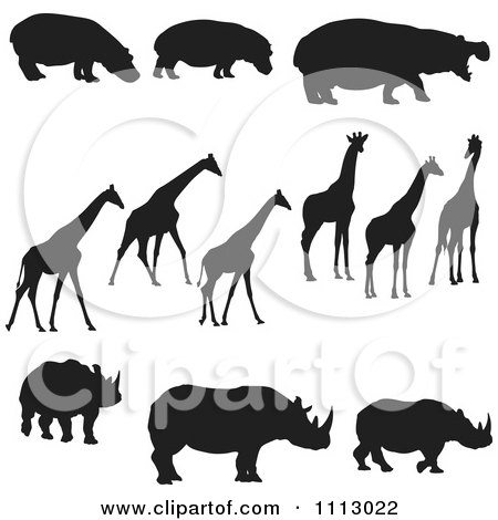Clipart Black Silhouetted Hippos Giraffes And Rhinos - Royalty Free Vector Illustration by Frisko