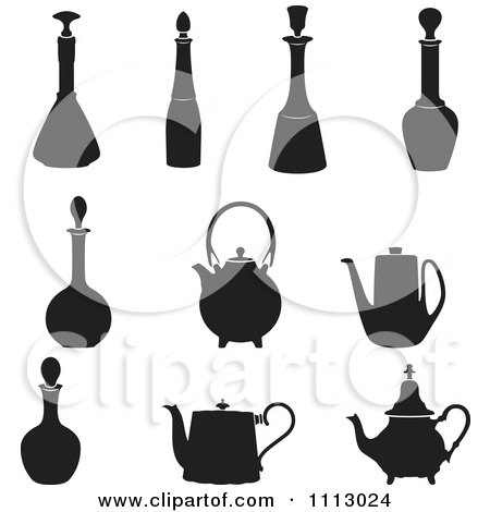 Clipart Silhouetted Bottles And Tea Pots - Royalty Free Vector Illustration by Frisko