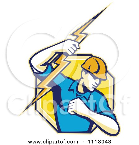 Clipart Retro Electrician Lineman Holding A Bolt In An Octagon - Royalty Free Vector Illustration by patrimonio