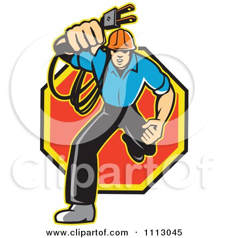 Clipart Retro Electrician Running With A Plug Over An Octogon - Royalty Free Vector Illustration by patrimonio