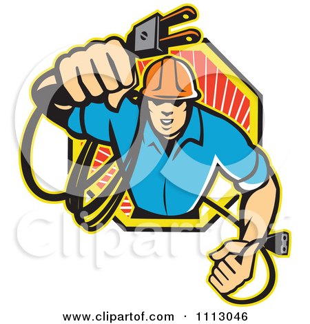 Clipart Retro Electrician Holding Out A Plug In An Octogon - Royalty Free Vector Illustration by patrimonio