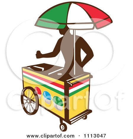 Clipart Silhouetted Ice Push Cart Vendor With An Italian Umbrella - Royalty Free Vector Illustration by patrimonio