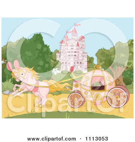 Clipart Pink Fantasy Horses Pulling A Carriage Near A Fairy Tale Castle - Royalty Free Vector Illustration by Pushkin
