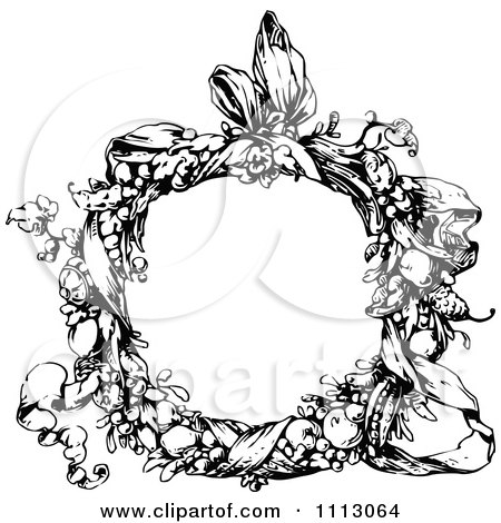 Clipart Vintage Black And White Floral Wreath And Ribbon - Royalty Free Vector Illustration by Prawny Vintage