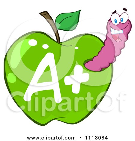 Clipart Happy Purple Worm In A Green A Plus Apple - Royalty Free Vector Illustration by Hit Toon