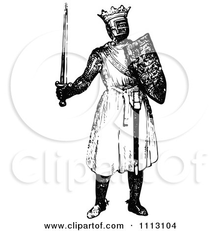 Clipart Vintage Black And White Medieval Knight On With A Shield And Sword 3 - Royalty Free Vector Illustration by Prawny Vintage
