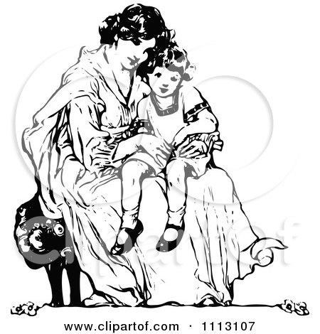 Clipart Vintage Black And White Mother Sitting With Her Daughter - Royalty Free Vector Illustration by Prawny Vintage
