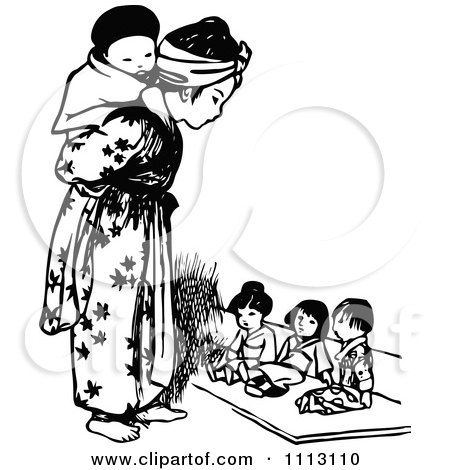Clipart Vintage Black And White Asian Girl And Tiny Children - Royalty Free Vector Illustration by Prawny Vintage