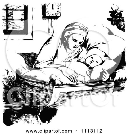 Clipart Vintage Black And White Mother Rocking Her Baby In A Cradle - Royalty Free Vector Illustration by Prawny Vintage