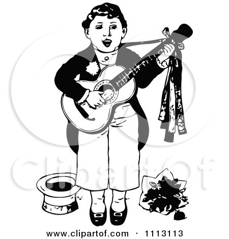 Clipart Vintage Black And White Boy Singing And Playing A Guitar - Royalty Free Vector Illustration by Prawny Vintage