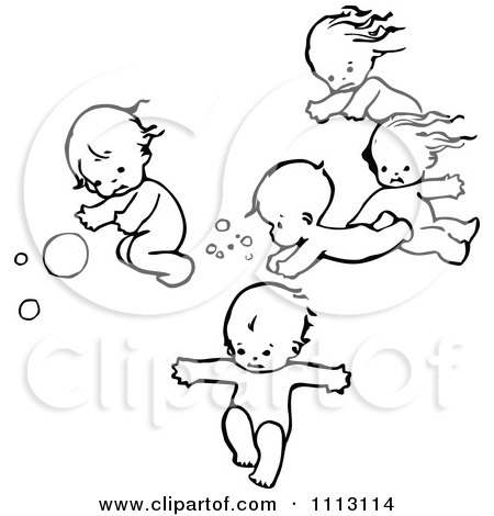 Clipart Vintage Black And White Swimming Babies - Royalty Free Vector Illustration by Prawny Vintage