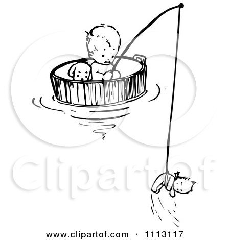 Clipart Vintage Black And White Baby Floating And Fishing In A Barrel - Royalty Free Vector Illustration by Prawny Vintage