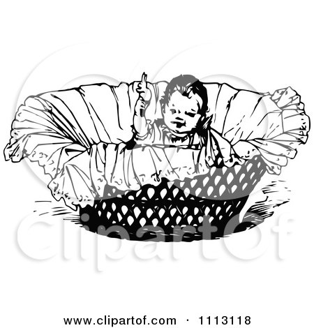 Clipart Vintage Black And White Baby In A Basket - Royalty Free Vector Illustration by Prawny Vintage