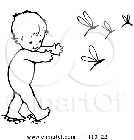 Clipart Vintage Black And White Baby Chasing Dragonflies - Royalty Free Vector Illustration by Prawny Vintage