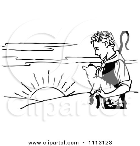Clipart Black And White Young Shepherd Holding A Lamb At Sunrise - Royalty Free Vector Illustration by Prawny Vintage