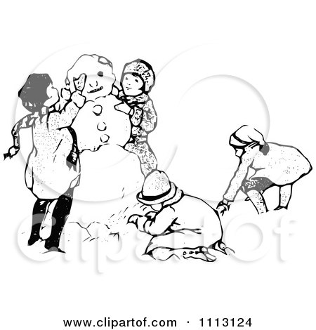 Clipart Vintage Black And White Children Making A Snowman - Royalty Free Vector Illustration by Prawny Vintage