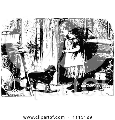 Clipart Vintage Black And White Girl Opening A Door For A Cat - Royalty Free Vector Illustration by Prawny Vintage
