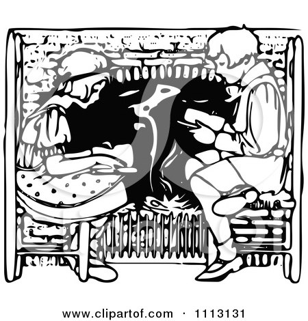 Clipart Vintage Black And White Boy And Girl Reading By A Fireplace - Royalty Free Vector Illustration by Prawny Vintage