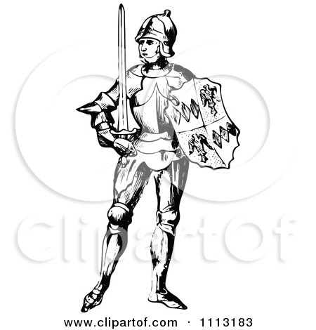 Clipart Vintage Black And White Medieval Knight On With A Shield And Sword 1 - Royalty Free Vector Illustration by Prawny Vintage