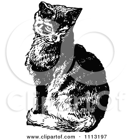 Clipart Vintage Black And White Cat Sitting - Royalty Free Vector Illustration by Prawny Vintage