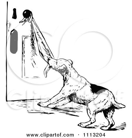 Clipart Vintage Black And White Dog Pulling On A Towel On A Door Knob - Royalty Free Vector Illustration by Prawny Vintage
