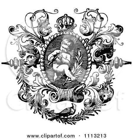 Clipart Black And White Angelic Cherub Playing An Instrument In An Ornate Frame - Royalty Free Vector Illustration by Prawny Vintage