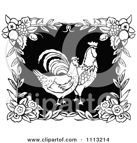 Clipart Two Retro Black And White Roosters In A Floral Frame - Royalty Free Vector Illustration by Prawny Vintage