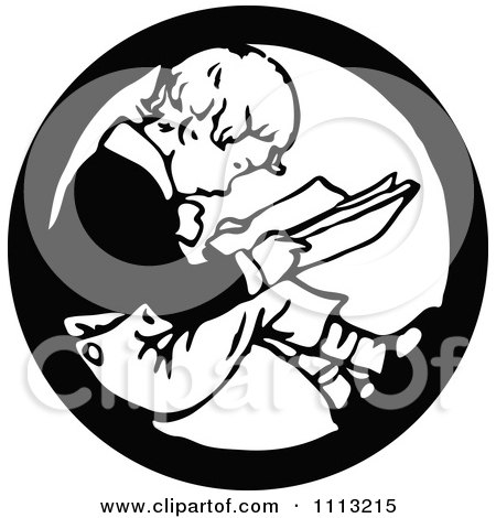 Clipart Vintage Black And White Boy Reading In A Circle - Royalty Free Vector Illustration by Prawny Vintage