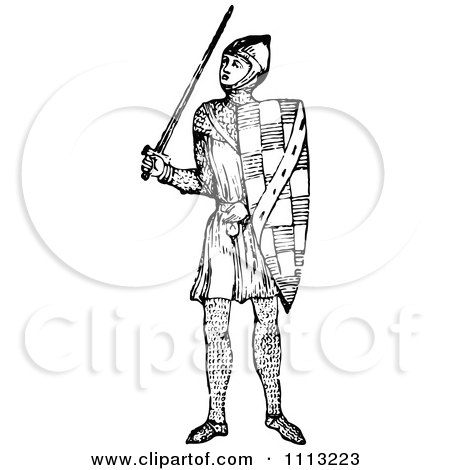 Clipart Vintage Black And White Elizabethan Knight With A Sword - Royalty Free Vector Illustration by Prawny Vintage
